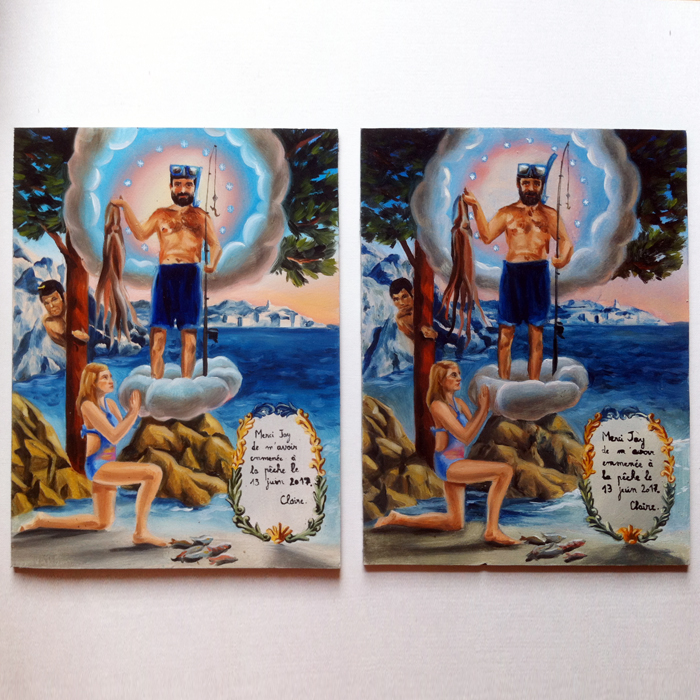 Ex-voto peinture à l'huile sur métal pour remercier pêche miraculeuse poulpe calanques de Marseille 